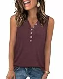 PLOKNRD Top Damen V-Ausschnitt Ärmellos Sommer Knöpfen Tank Top Langschnitt Basic Oberteile(Burgundisch,XL)