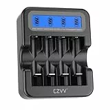 czvv Wiederaufladbares AA AAA 4-Slot-Lithium-Batterieladegerät mit LCD-Anzeige, Schnellladefunktion, Überladungsschutz, Typ C-Eingang(Schwarz)