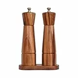 DeroTeno Salz- und Pfeffermühlenset mit Mühlenuntersetzer, Verstellbare Keramikmahlwerk Salzmühle, Edelstahlmahlwerk Pfeffermühle, Akazienholz, 22 cm Höhe, Boden DIA 5,5 cm