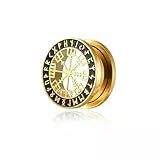 BlackAmazement 316L Edelstahl Flesh Ohr Tunnel Plug Piercing Vegvisir Aegishjalmur Aegishjalmr Wikinger Symbol Schreckenshelm Runen Kreis schwarz silber Biker Herren (Farbe Gold - Ø 12mm - 1 Stück)