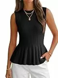 Cicy Bell Damen-Tanktop mit plissiertem Schößchen, gerippt, Rundhalsausschnitt, Blusen, Sommerpullover, Schwarz, X-Groß