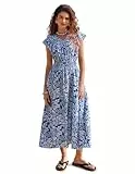 Kate Kasin Damen Boho Blumenkleid Sommer Freizeitkleid Rüschenärmeln V-Ausschnitt A-Linie Strandkleid mit Taschen Blau-Weiß L