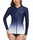 SURFEASY Damen Rash Guard Full Zip Langarm UV Shirt Schnelltrocknend Sonnenschutz UPF50+ Surf Schwimmen Bademode (Marine Farbverlauf,M)