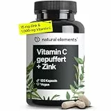 natural elements Vitamin C - 120 Kapseln - Hochdosiert mit 1000mg + 15mg Zink - Pflanzlich fermentiert & gepuffert (pH-neutral, säurefrei, magenschonend) - vegan, laborgeprüfte Qualität