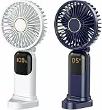Handventilator, Tragbarer Leise Mini Ventilator, Wiederaufladbar USB Ventilator, Klein Taschenventilator Mit 5 Geschwindigkeitsstufen Digitalanzeige, Faltbarer Hand ventilatoren für Büro (Blau+Weiß)