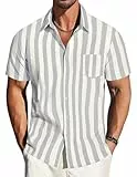 TARAINYA Leinenhemd Herren Kurzarm Sommer Baumwolle Gestreiftes Einfarbiges Freizeithemd Casual Männer Regular Fit Grau Weiß 3XL