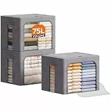 Lifewit 75L Aufbewahrungsbox mit Deckel, Kleidung Aufbewahrung, Faltbare Kleideraufbewahrung mit Metallrahmen, Stoffbox mit Griffen & Fenster, Aufbewahrung Kleiderschrank, 3er Set, Hellgrau