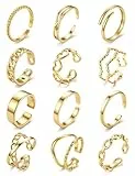 JeweBella 12 Stück Ringe Gold Silber Wasserfest Ring Damen Edelstahl 18K Vergoldete Trendy Stapelbare Offene Ringe Set Frauen Verstellbar Daumenring Fingerring Stapelringe Damen Schmuck