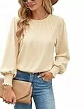 Gyabnw Damen Pullover Herbst Basic Oberteil Puffärmel Plissee Rundhals Top für Herbst Aprikose,S