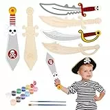 DKINY 6PCS Piratenschwerter aus Holz, Piraten Schwert Holzbastelset für Kinder, Piratensäbel zum Basteln und Bemalen, Kreativesets Bastelbedarf Geschenk für Junge Mädchen in Halloween Karneval