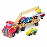 Melissa & Doug Holz-Autotransporter mit Magnetkran - Sattelschlepper aus Holz mit 4 magnetischen Holzautos zum Auf- und Abladen, für Kinder ab 3 Jahren