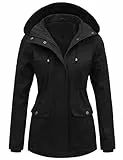 Tuopuda Übergangsjacke Damen Jacke Übergang Baumwolle Stehkragen Mantel Parka Jacket mit Kapuze mit Kordelzug Übergangsmantel für Frühling Sommer Herbst, Schwarz, XXL