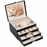 ADEL DREAM Schmuckkästchen Schmuckkasten mit 4 Ebenen Schmuckbox mit Verschluss große Schmuckstücke Schmuckaufbewahrung Geschenke für Damen Schwarz Schwarz