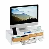 Relaxdays Monitorständer Bambus, Bildschirmerhöhung mit 2 Schubladen & Fächern, Lapdesk HBT 14 x 60 x 30 cm, weiß/Natur