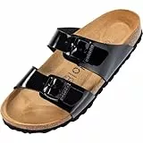 Palado Pantoletten Damen Samos - elegante Sandalen Made in Spain - bequeme Hausschuhe mit dämpfendem Kork-Fußbett - modische Sommerschuhe Lack Schwarz UK6 - EU39