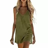 AACH Sommerkleid Damen Sexy Kurz Kleider Baumwolle Leinen Strandkleid Sommer V Ausschnitt Minikleid Einfarbig Spaghetti Leinenkleid Ärmelloses Luftig Freizeitkleid Leicht Bikini Cover Up Kleid