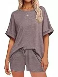Tankaneo Schlafanzug Damen Kurz Zweiteiliger Pyjama Set Rundhals Kurzarm Sommer Nachtwäsche Locker Lässig mit Kordelzug Graubraun XXL