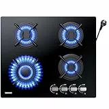 WEHIMO Gaskochfeld 4 Flammig, Glas Einbau-Gaskochfeld, 59cm, 7800W, 4 Kochzonen (3300W+1750W+1750W+1000W), 4 Zonen Gaskochfeld für Propangas und Erdgas, Schwarzes Glas, Geeignet für Alle Töpfe