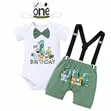 FYMNSI Baby Jungen Dschungel Safari Thema 1. / 2. Geburtstag Cake Smash Outfit Baumwolle Fliege Strampler T-Shirt Hosenträger Shorts Kopfbedeckung 4 Stück / 3 Stück Set, Bohnengrünes Tier, 6-12 Monate