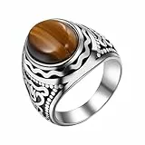 OIDEA Herren Ring Siegelring Tigerauge: Vintage Bandring aus Edelstahl Silber mit Braun Kunststein klassisch geschnitzt Blumen Muster Retro Herrenring Schmuck Geschenk für Männer Größe 54