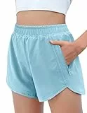 Arshiner Mädchen Sommer Shorts Einfarbig Sporthose Hellblau Active Kurze Hose Kinder Running Radlerhose Freizeit Athletisch Shorts mit Mesh Liner und Zip-Taschen 160/13-14 Jahre