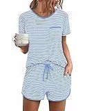 Demegimi Schlafanzug Damen Pyjama Damen Kurz Baumwolle Shorty Set Kurzarm Nachtwäsche Frauen Zweiteiliger Schlafanzüge mit Streifen für Sommer