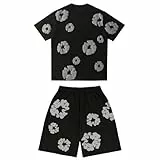 Herren Kinder T-Shirt und Shorts Set 2 Teiliges Sommer Trainingsanzug Jogginganzug Y2K Tracksuit Set Streetwear Blumen Kurzarm T-Shirts und Kurze Hose Sportanzug Outfits (01-Black, 13-14 Years)