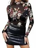 SEBOWEL Blumenmuster Mesh Shirt Damen Langarm Durchsichtige Oberteil Spitze Sheer Mesh Bluse Party Clubwear Schwarz M