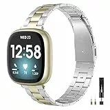 Wearlizer Armband Kompatibel mit Fitbit Sense/Versa 3/Versa 4/Sense 2 Armbänder Damen, Metall Edelstahl Ultra-Thin Chic Ersatz Armbänder für Frauen, Armband für Versa 3 Smart Watch, Gold Silber