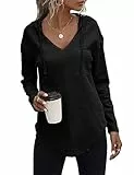 morhuduck Damen-Kapuzenpullover mit V-Ausschnitt, langärmelig, Sweatshirt, Kordelzug, Pullover, Tops mit Tasche, Schwarz, Groß