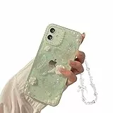 Fycyko Kompatibel mit iPhone 11, 3D-Schmetterling, Blumenmuster, transparent, mit Design, ästhetisch, für Frauen, Teenager, Mädchen, Glitzer, hübsche Kristall, mädchenhaft, Schutzhülle + Perlenkette