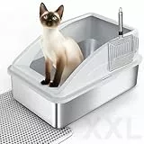 FURTIME Katzenklo Edelstahl XXL, Katzentoilette Edelstahl 35L Große Kapazität Auslaufsicher Gegen Verschüttungen Katzenklo, mit Metall Katzenstreuschaufel 58x36x33cm (Silbergrau)