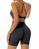 DOULAFASS Nahtlos Sport Set Damen Gekreuzter Rücken Knoten Sport-BH Versteckte Scrunch-Shorts Gym Outfit Yoga Set Schwarz M