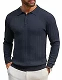 COOFANDY Herren Polokragen Pullover Langarm Business Strickpullover Einfarbig Basic Polohemd Männer Schmale Streifen Pullover Dunkelblau XXL