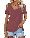 WNEEDU Tshirt Damen Sommer V Ausschnitt Schulterfrei Oberteil Kurzarm Tops Elegant Tunika Bluse Mit Lockeren Passform Leicht Und Luftig Weinrot M