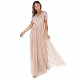 Maya Deluxe Damen Maxi Abendkleid Elegant Hochzeit V-ausschnitt Brautjungfernkleid Empiretaillierung Abschlussball Bridesmaid Dress, Taupe Blush, 44 EU