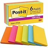 Post-it Super Sticky Notes, Packung mit 6 Blöcken, 90 Blatt pro Block, 76 × 127 mm, Gelb, Blau, Grün, Pink, Orange – Extra-Stark Klebende Notizzettel für to-Do-Listen und Erinnerungen