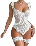 EVELIFE Frauen Sexy Dessous Body Bodysuit Floral Spitze Teddy Babydoll Snap Crotch Ruffle Ein Stück mit Oberschenkelbändern(Weiß, Small)