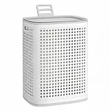 SONGMICS Wäschekorb mit Deckel, Wäschesammler Plastik, 75 L, Wäschetonne schmal, Wäschebox platzsparend, für Badezimmer, Waschküche, Schlafzimmer, weiß-grau RLH021WG01