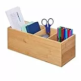 Relaxdays Ordnungsbox, 4 Fächer, Bambus, HBT 12 x 35 x 14 cm, Büro, Küche, Bad, stabil, vielseitig, Utensilienbox, natur