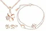 MICMIF Schmuckset 3Pcs für Damen, 925 Sterling Silber Kleeblatt Halskette Armband und Ohrringe Set, Roségold Schmuck Set Vierblättriges Kleeblatt mit Zirkonia für Mädchen Frauen Party