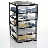 Hausfelder Schubladenbox A4 mit 5 Schubladen, Transparente Kunststoff Schubladenbox für Schreibtisch, Büro Organizer Schubladen, Aufbewahrungsbox mit Schubladen, Din A4, Stapelbar, 36,5x26x45cm