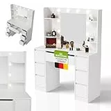 Juskys Schminktisch Malia mit LED-Spiegel, 7 Schubladen, individuelle Lichteinstellung, viel Stauraum, modernes Design, kompakt & pflegeleicht für Make-up