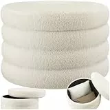 tectake® Hocker mit Stauraum, XL Scandi Sitzhocker Bouclé Teddy Stoff, Pouf, Polsterhocker rund für Schminktisch, Wohnzimmer Möbel, als Flur Möbel, Stauhocker Wohnen, Ø 67 x 42 cm - Bouclé Creme-weiß
