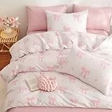 Tospass Schleife Bettwäsche 135x200cm Beige Rosa Schleifen Mädchen Wendebettwäsche-Set Deckenbezug Fliege Mikrofaser Kinderbettwäsche 1 Bettbezug mit Reißverschluss und 1 Kissenbezug 80x80cm