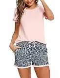 Litherday Pyjama für Damen, Sommer, Kurze Ärmel, Pyjama-Set, Baumwolle, Nachtwäsche, Bedruckt, kariert, bequem, weich, atmungsaktiv, A Rosa., 42