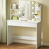 WOLTU Schminktisch, mit Beleuchtung LED, Einstellbarer Helligkeit, Schminktisch mit Großer Spiegel, Frisiertisch mit 2 Schubladen, 4 offene Ablagen, modern für Schlafzimmer, Weiß Holz