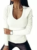 Imily Bela Damen Langarmshirt Sexy V Ausschnitt Oberteile Elegant Gerippt Sweatshirt Slim Fit Herbst Shirts, Weiß, M