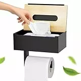 Toilettenpapierhalter mit Feuchttücherbox - Klopapierhalter ohne Bohren Klorollenhalter mit Ablage für WC & Badezimmer, Selbstklebend or Bohren, Edelstahl & Bambus