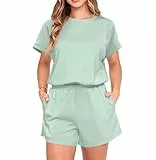 IWOLLENCE Hausanzug Damen Zweiteiler Sport Set Loungewear Damen Tracksuit mit Elastischem Bund und Taschen (Grün Grau, L)